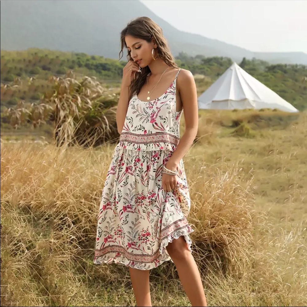 Boho Floral Gypsy Print Midi Ruffle Dress pink - Picture 6 of 15